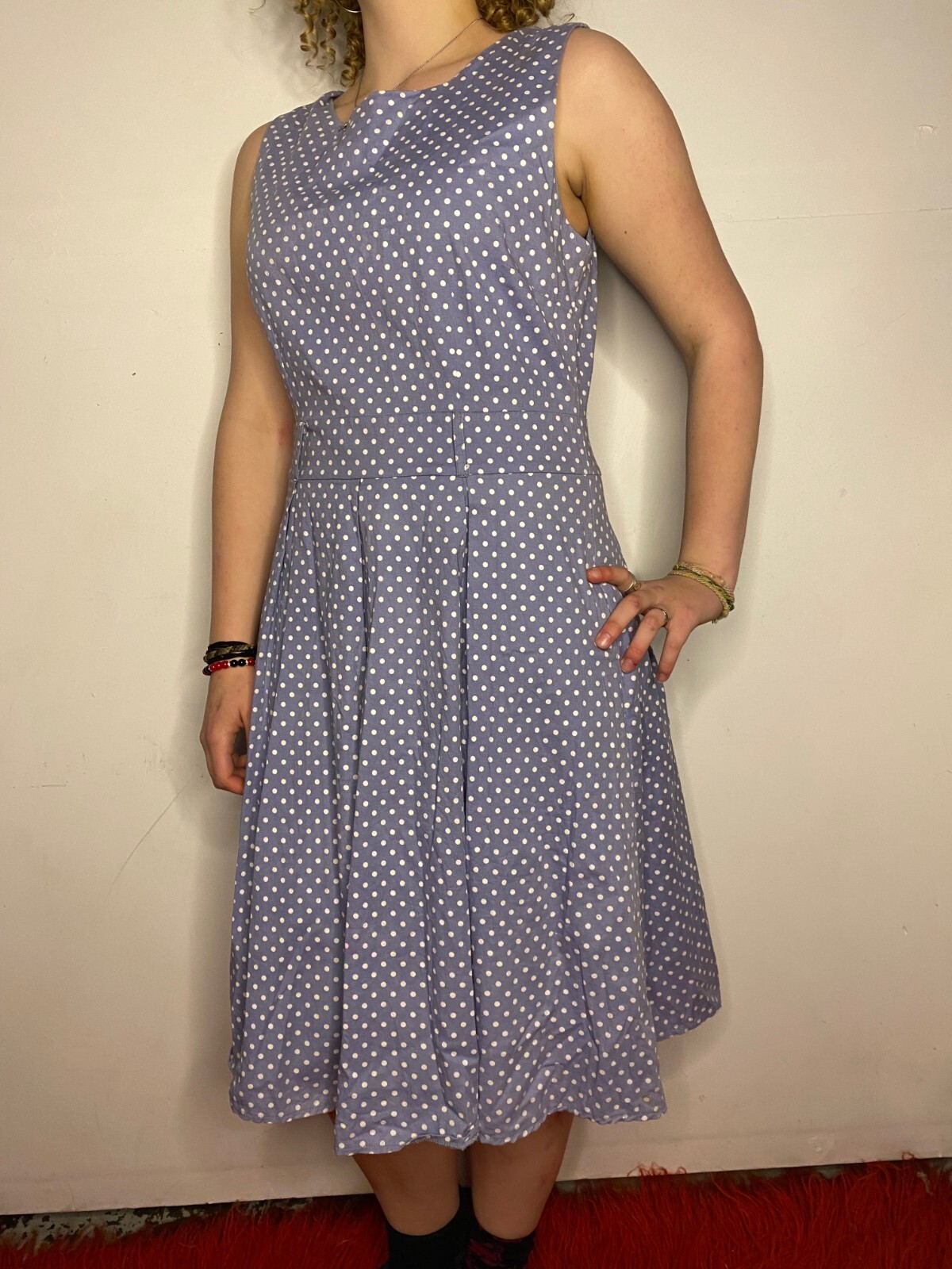 Vintage 1980s Pale Blue Polka Dot Box Pleat Party Sun Dress AU 14