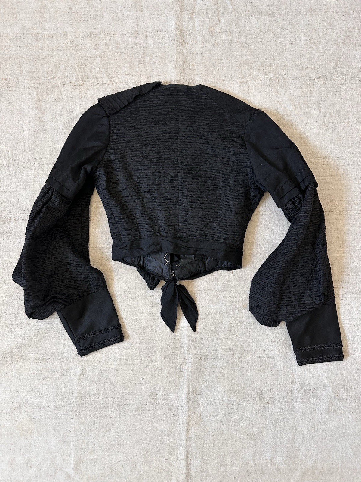 1870s Antique Blouse Jacket Black Silk Mourning Puff Sleeve Corset Top Womens XS