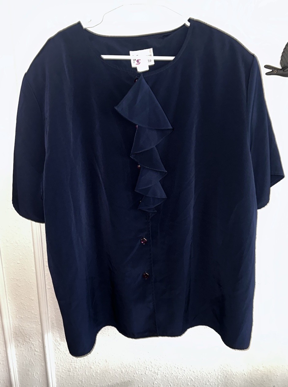 VTG 1990 Maggie Sweet 3X Navy Blue Blouse Ruffle Neck Button Up Shoulder Pads