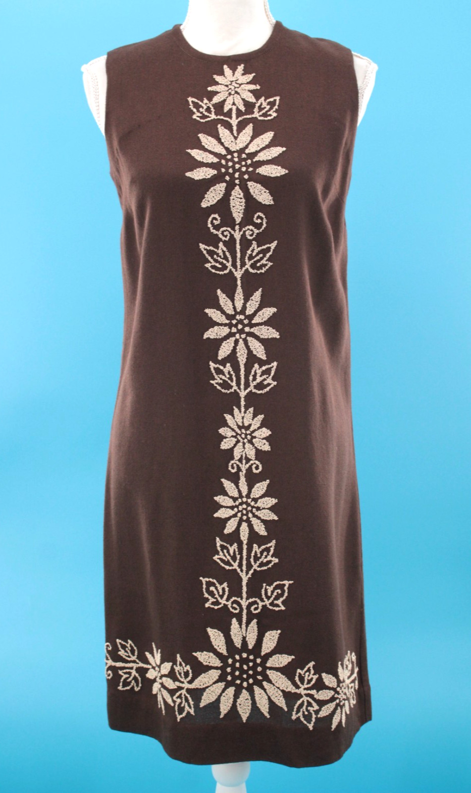 VTG Women’s 60s Brown & White Floral Beaded Midi Sheath Dress XS/S 1960s