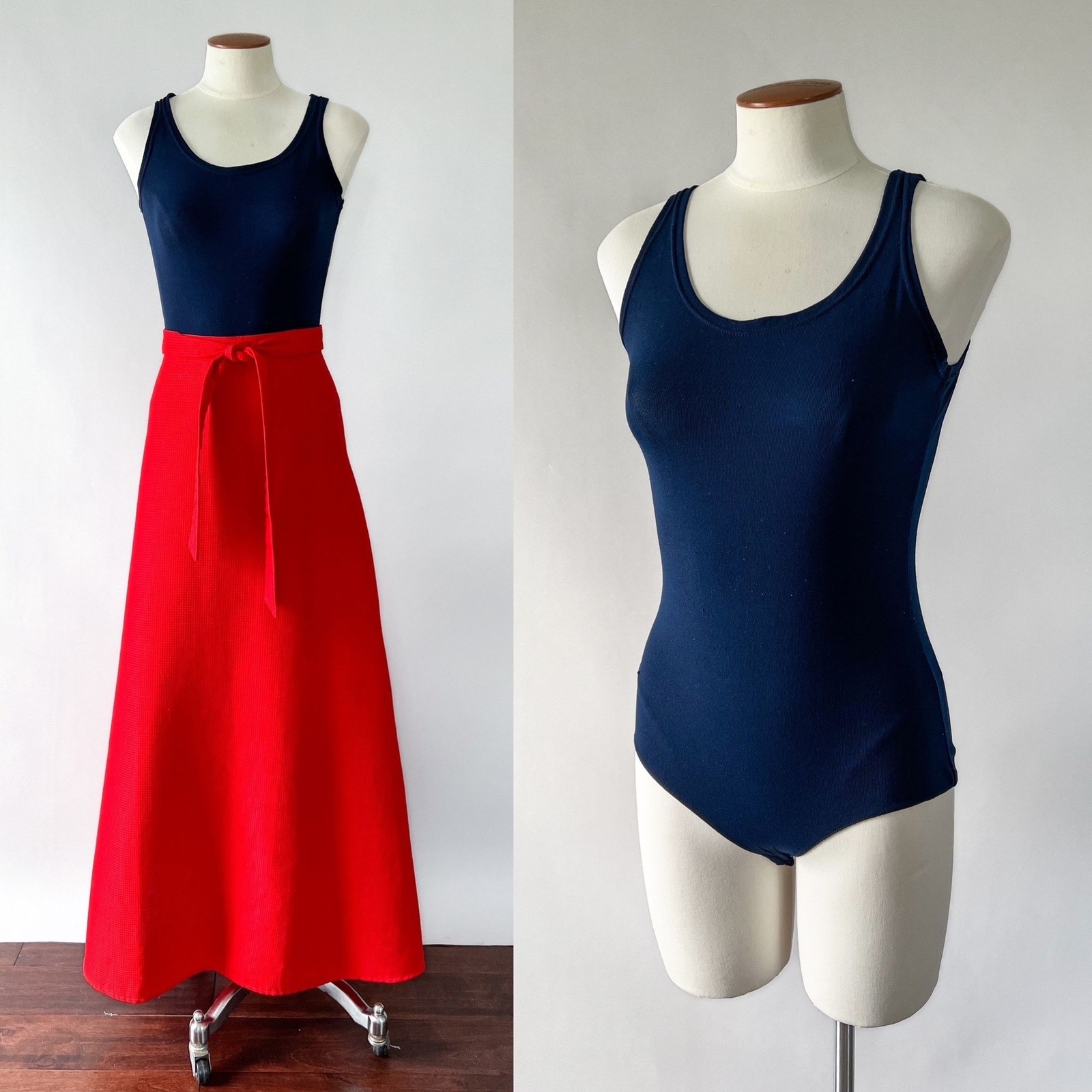 Vintage 1970s Navy Blue Nylon Scoop Sleeveless Snap Crotch Leotard Bodysuit S