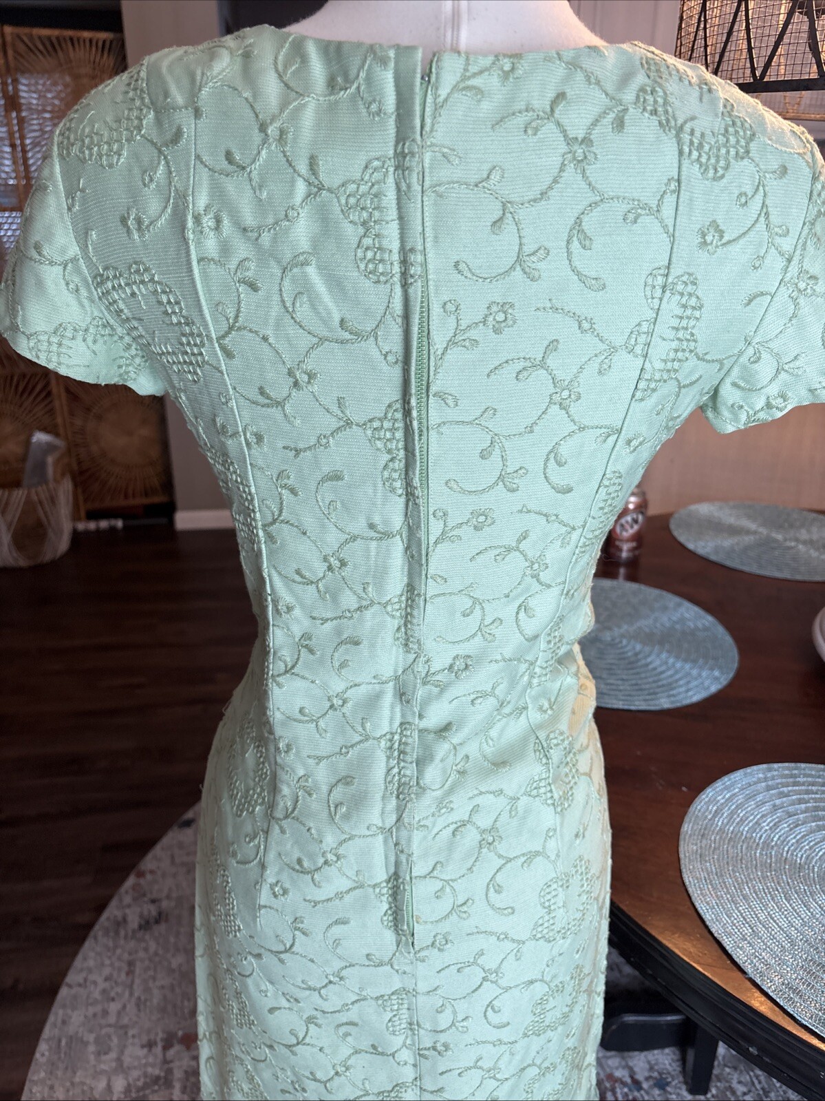 Vintage Embroidered Beaded Celery Green Midi Dress M Pencil Wiggle