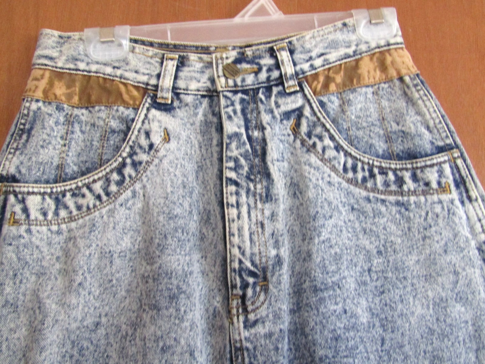 Vintage 80s Light Acid Wash Jean Midi Skirt Size 11/12 Amancio Denim Brown Trim