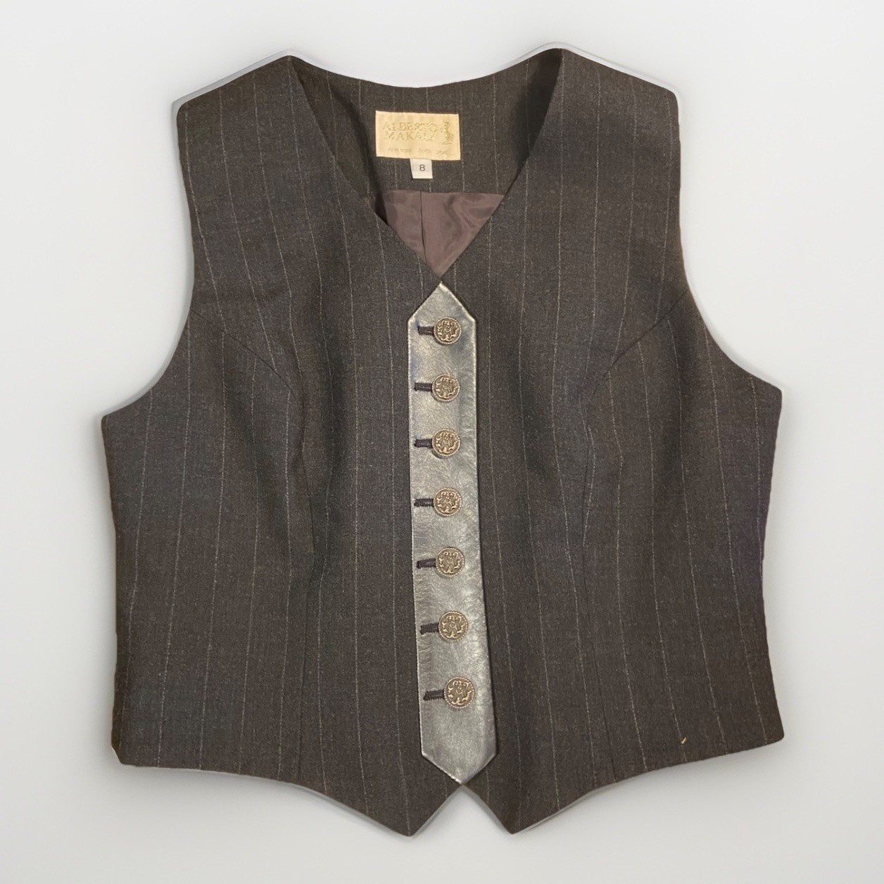 VTG Alberto Makali Wool Vest Genuine Leather Trim Pinstripe Waistcoat Womens S 8