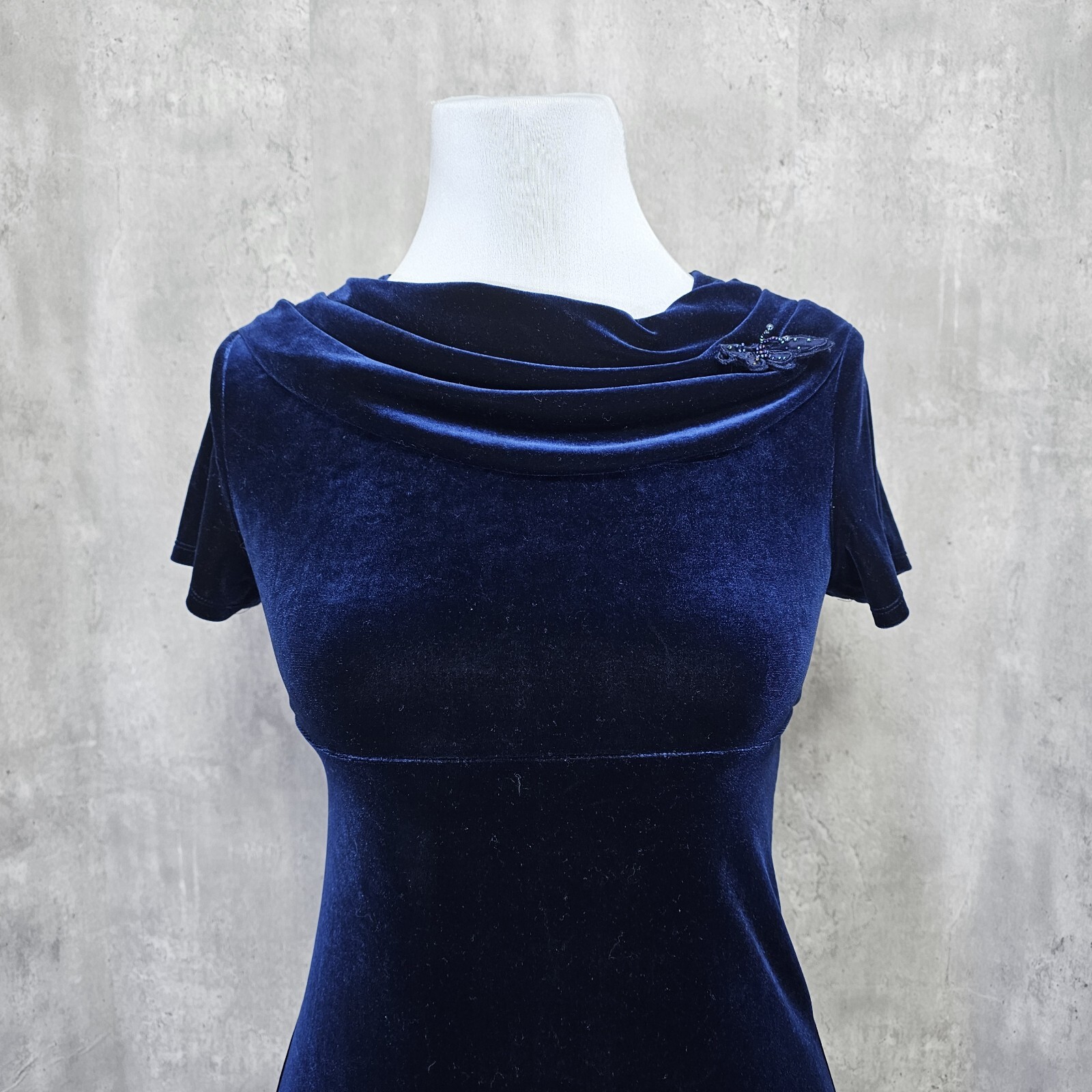 Vintage 90s Amy Byer California M/L Dark Blue Velvet Cowl Neck S/S Dress