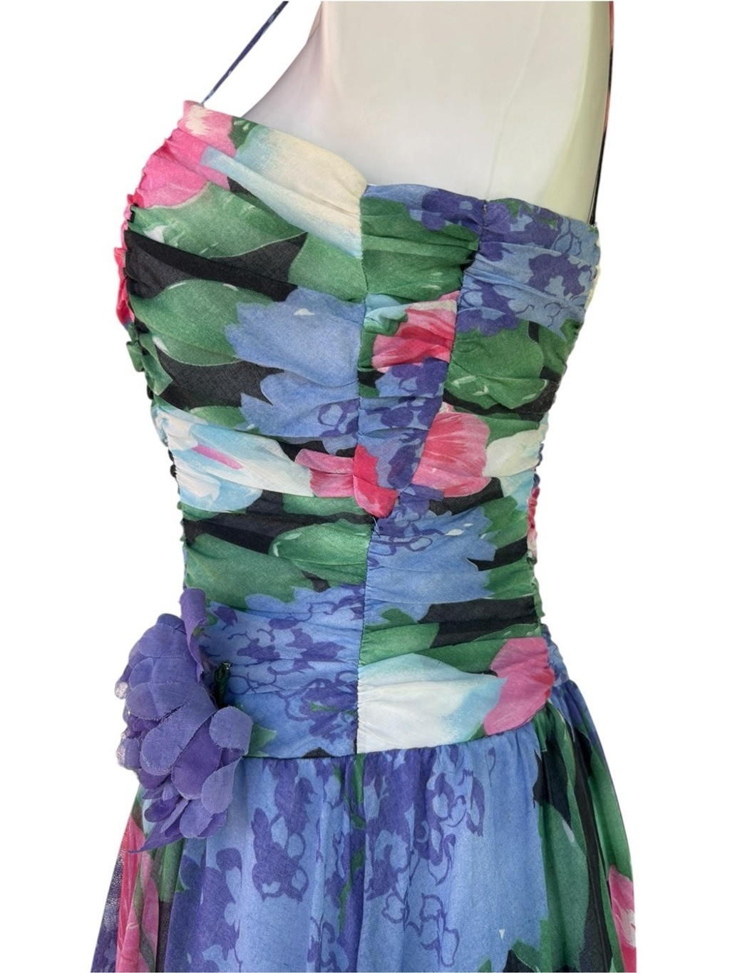 Vintage 80s Floral Chiffon Dress Open Back Fit Flare Party Prom 6 Small