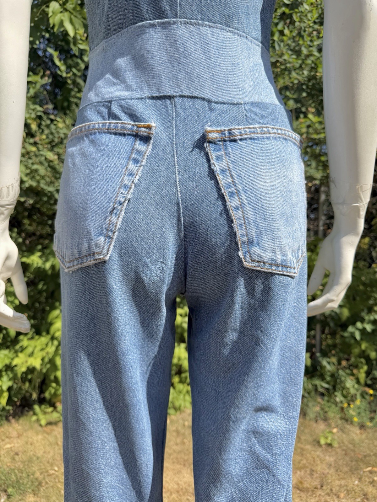 Vintage DENIM JUMPSUIT Patchwork 1980s 90s does 1940s Bib Overalls Distressed XS