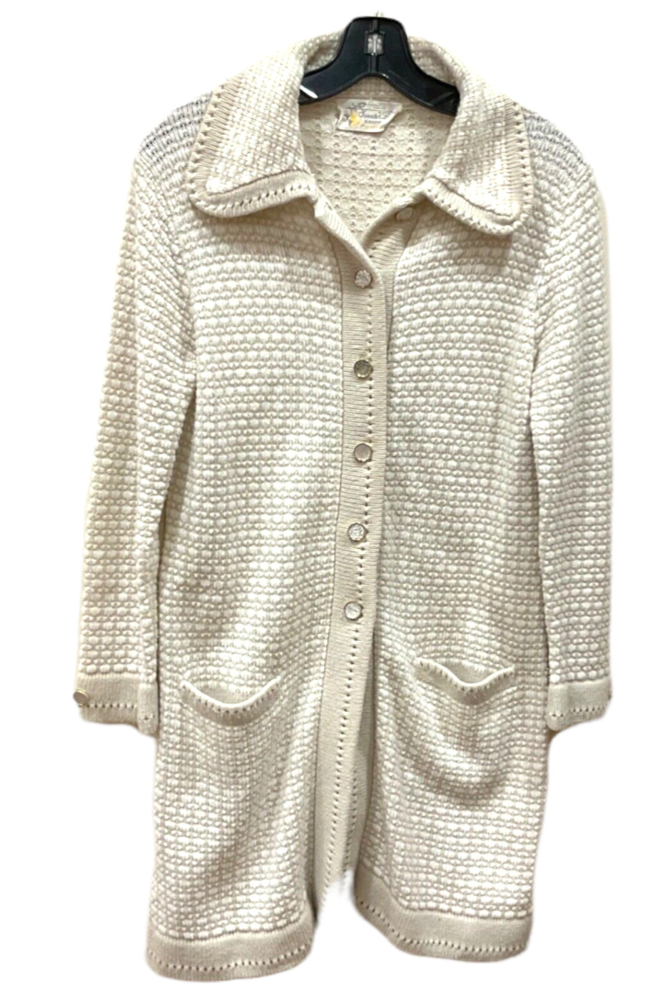 Bee by BANFF beige Sweater Cardigan Ivory knit button up sweater SZ S pocket vtg