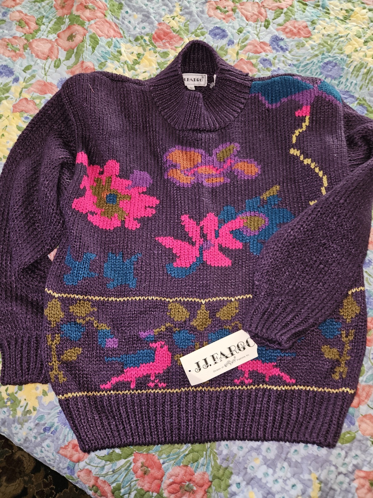 VTG 80s JJ.Fargo Purple Abstract Floral Print Sweater W’ Shoulder Pads Sz L NWT