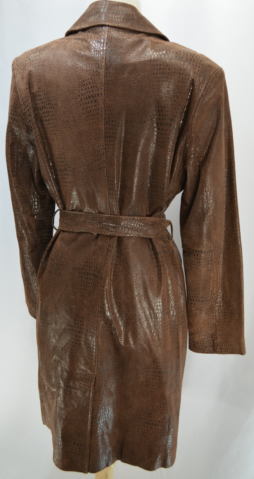 Marvin Richards Chocolate Brown Leather Reptile textured long coat trench VTG S