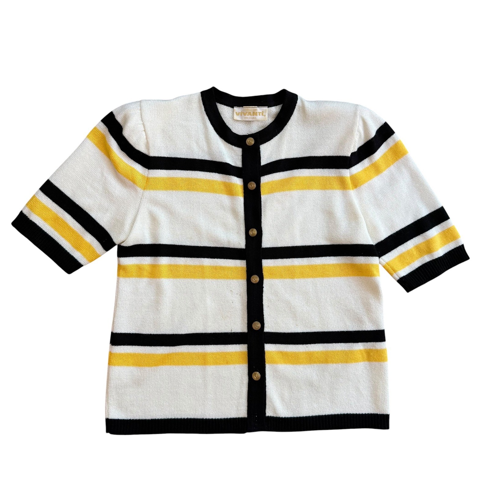 Vivanti Vintage Striped Short Sleeve Cardigan Sweater White Black Yellow Size 14