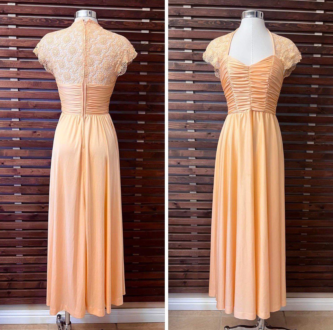 1960s 1970s Vintage Orange Crochet Sheer Sleeve Dress Gown JC Penney Fashion 5/6