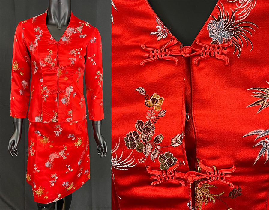 Vintage Chinese Pankou Xi Red Jewel Tone Damask Brocade Suit Jacket Skirt Dress