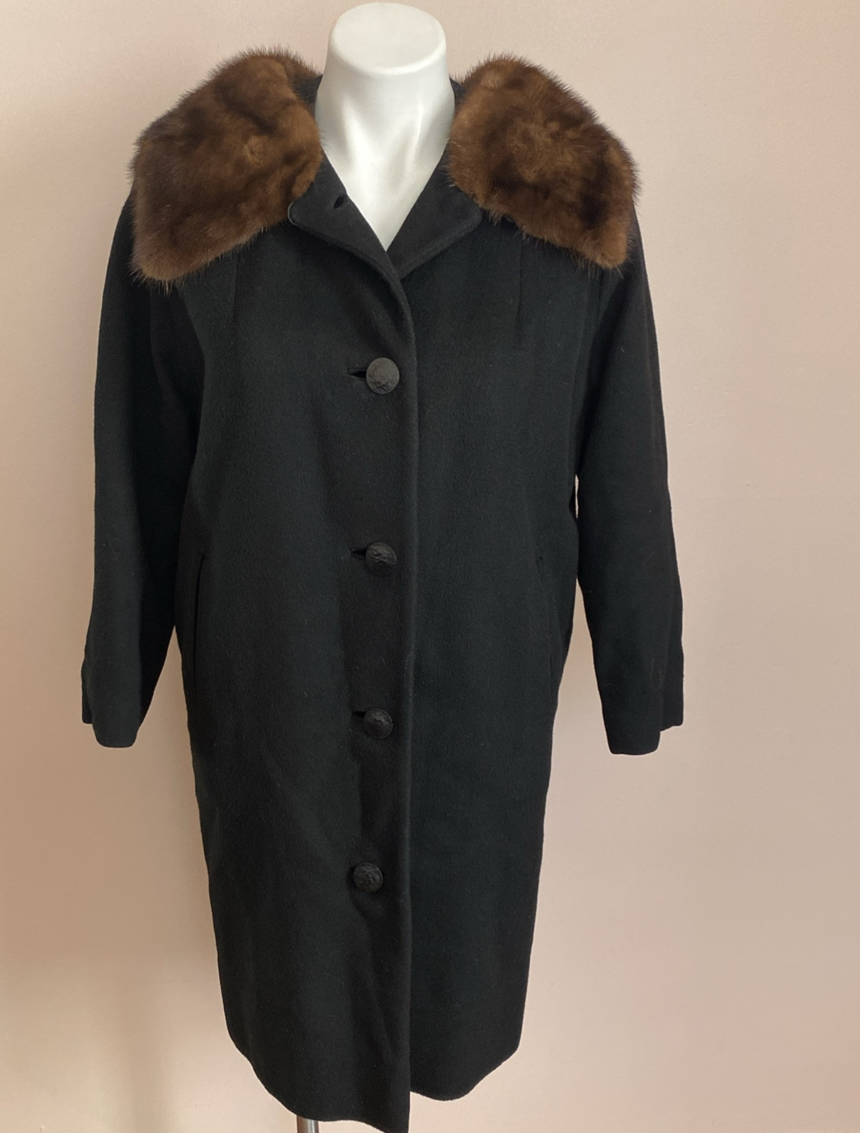 Vtg 50s 60s Top Coat Black Mink Collar Hollywood Mob Wife Cashmere Wool? S/M