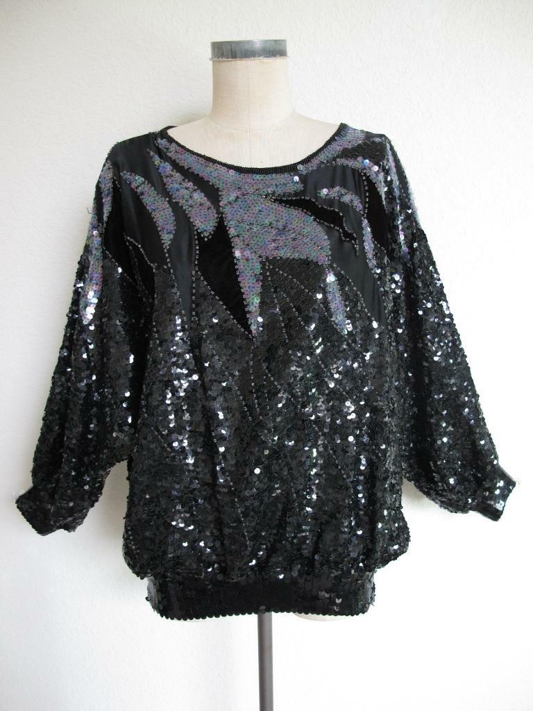 Vintage Silk Beaded Sequin Batwing Top M 80s Blouson Black Velvet Three Flaggs
