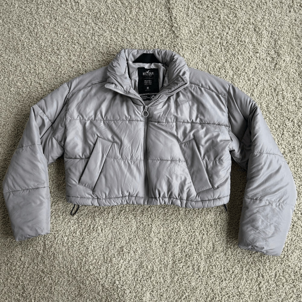 Hollister Mini Puffer Jacket Coat Size Medium Grey Tan