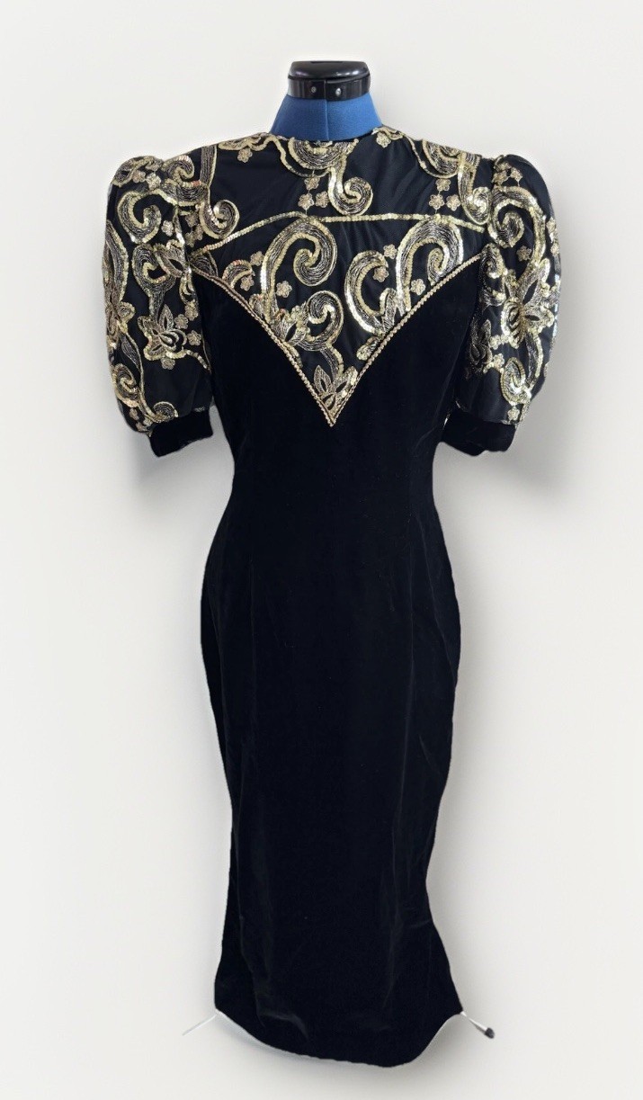 Vtg Jessica McClintock Black Velour Gold Sequin Puffy sleeves Party Prom Dress