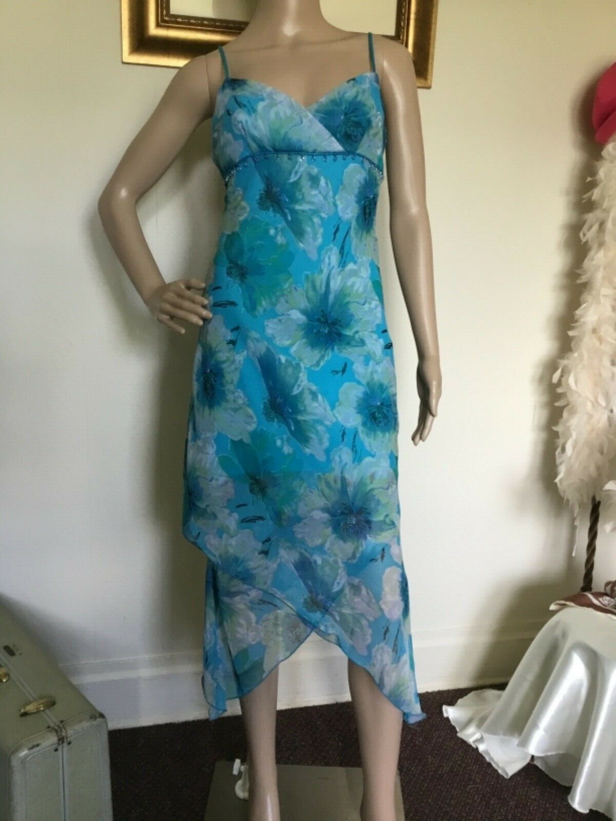 90’s Vintage Blue Sexy Yellow White Floral Beaded Sundress