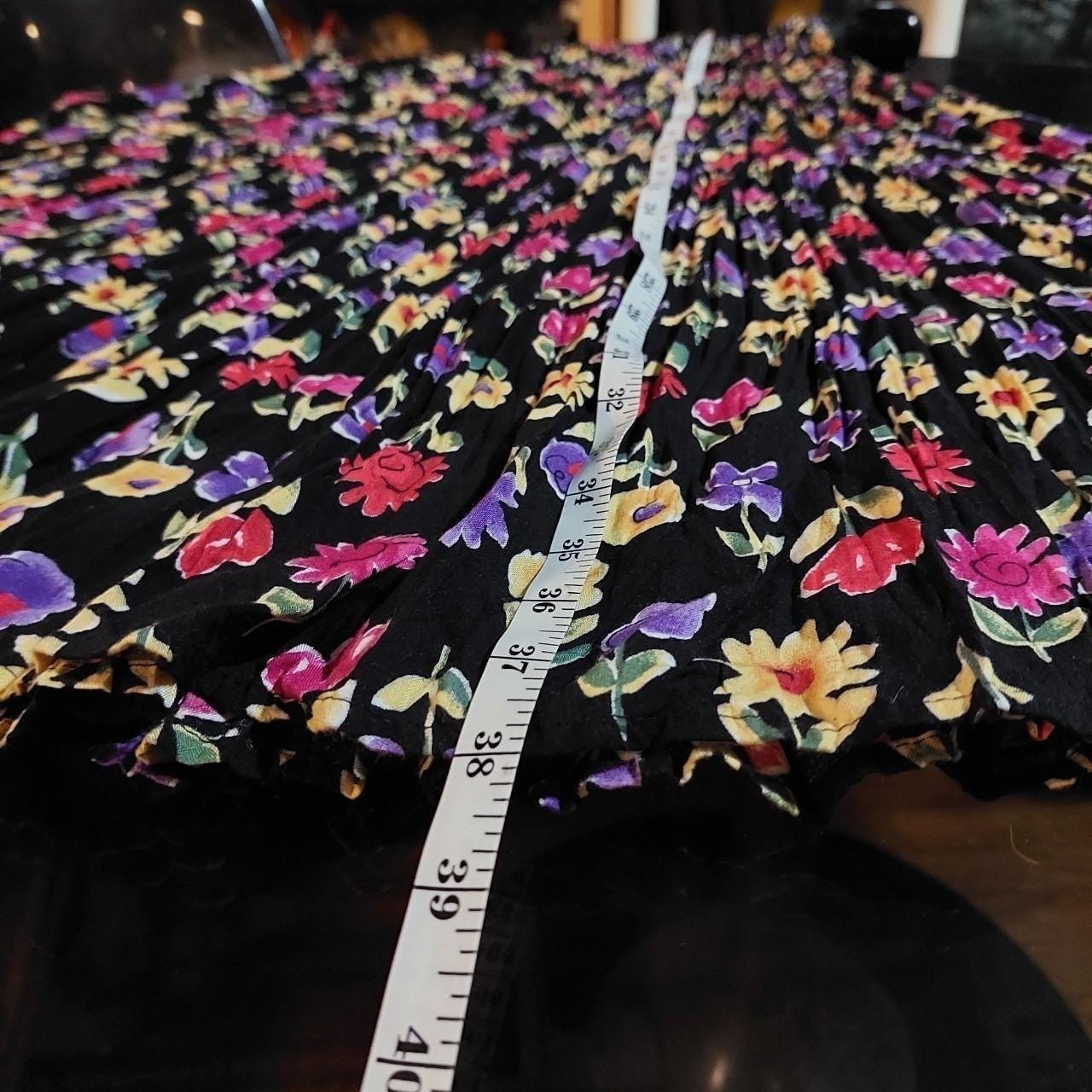 Vintage made in USA floral black, green purple pink and yellow floral maxi skirt