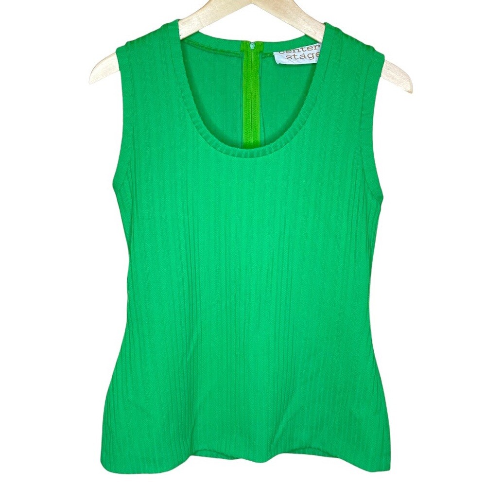 Vintage 1970’s Retro Bright Green Ribbed Knit Sleeveless Top