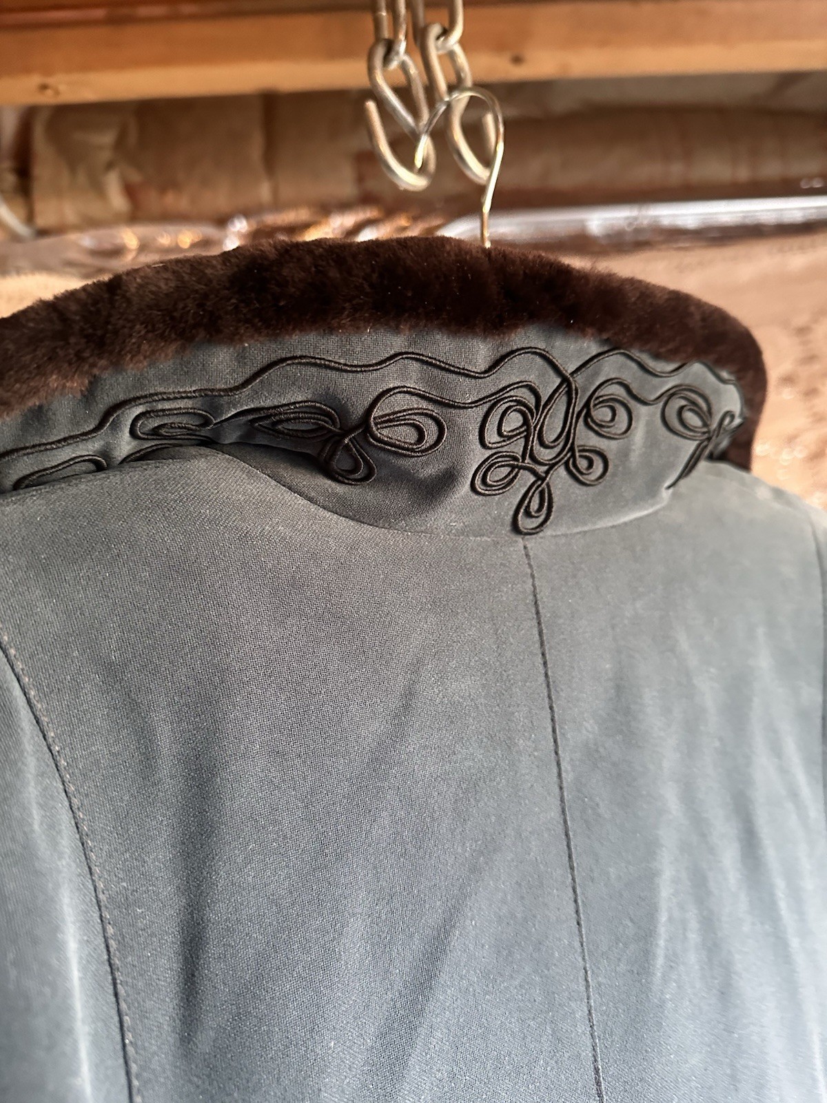Vintage 90s HANA USA Long Teal Coat Fur Collar Soutache Trim S
