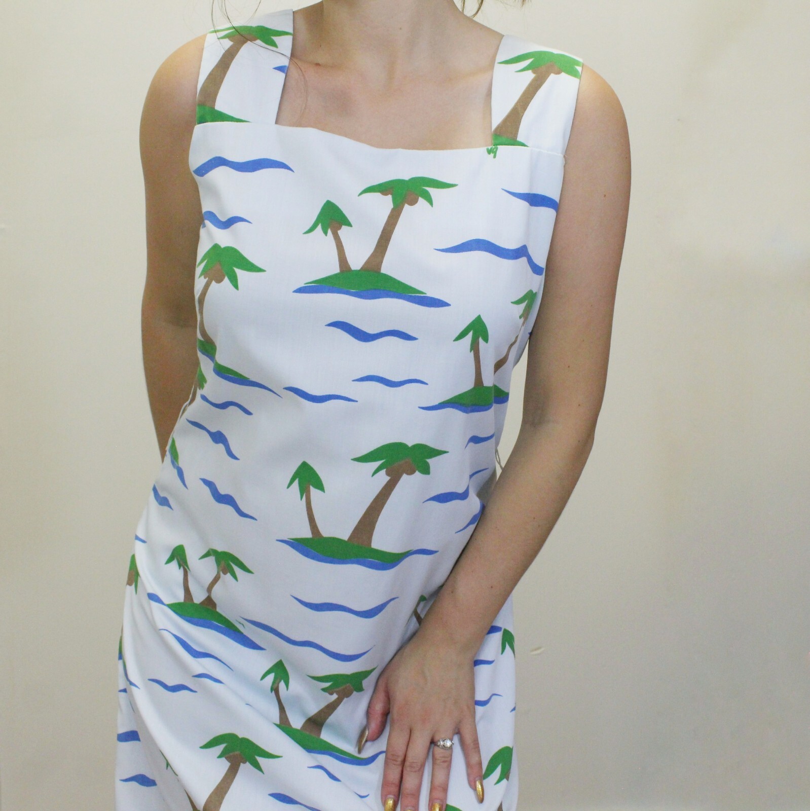 Vintage 70s The Vested Gentress Hand Screen Printed Midi Dress with Tropical Pal