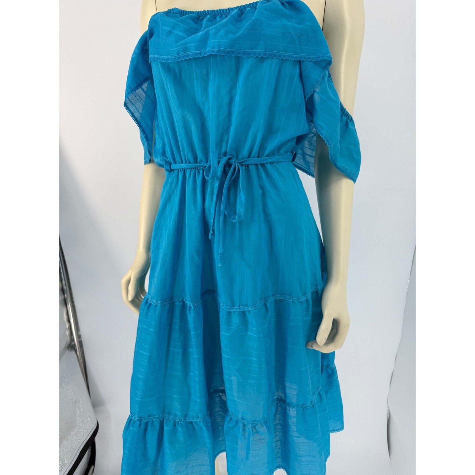 1970s Blue Off Shoulder Prairie Dress Cottagecore Boho Gauze Small