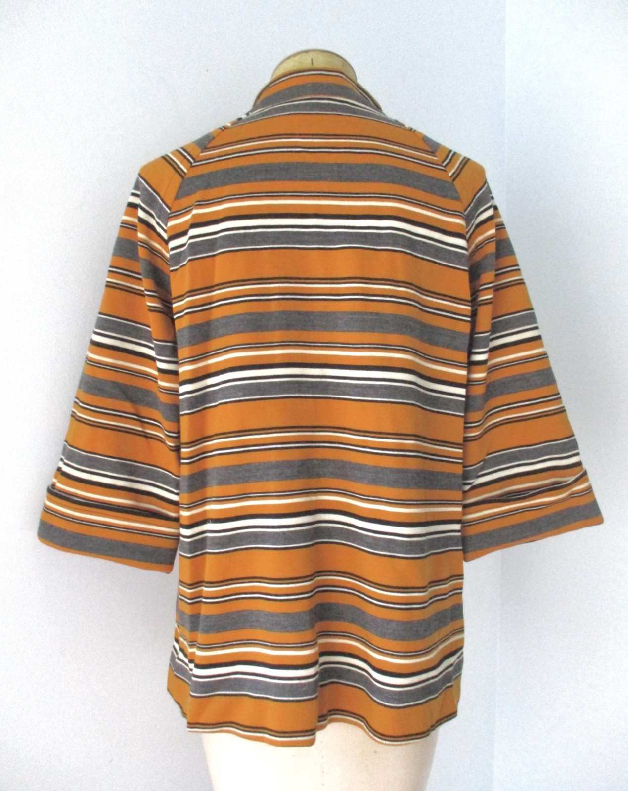 Vtg 60s mod gold gray stripe wool knit button Nehru collar jacket blouse top M/L