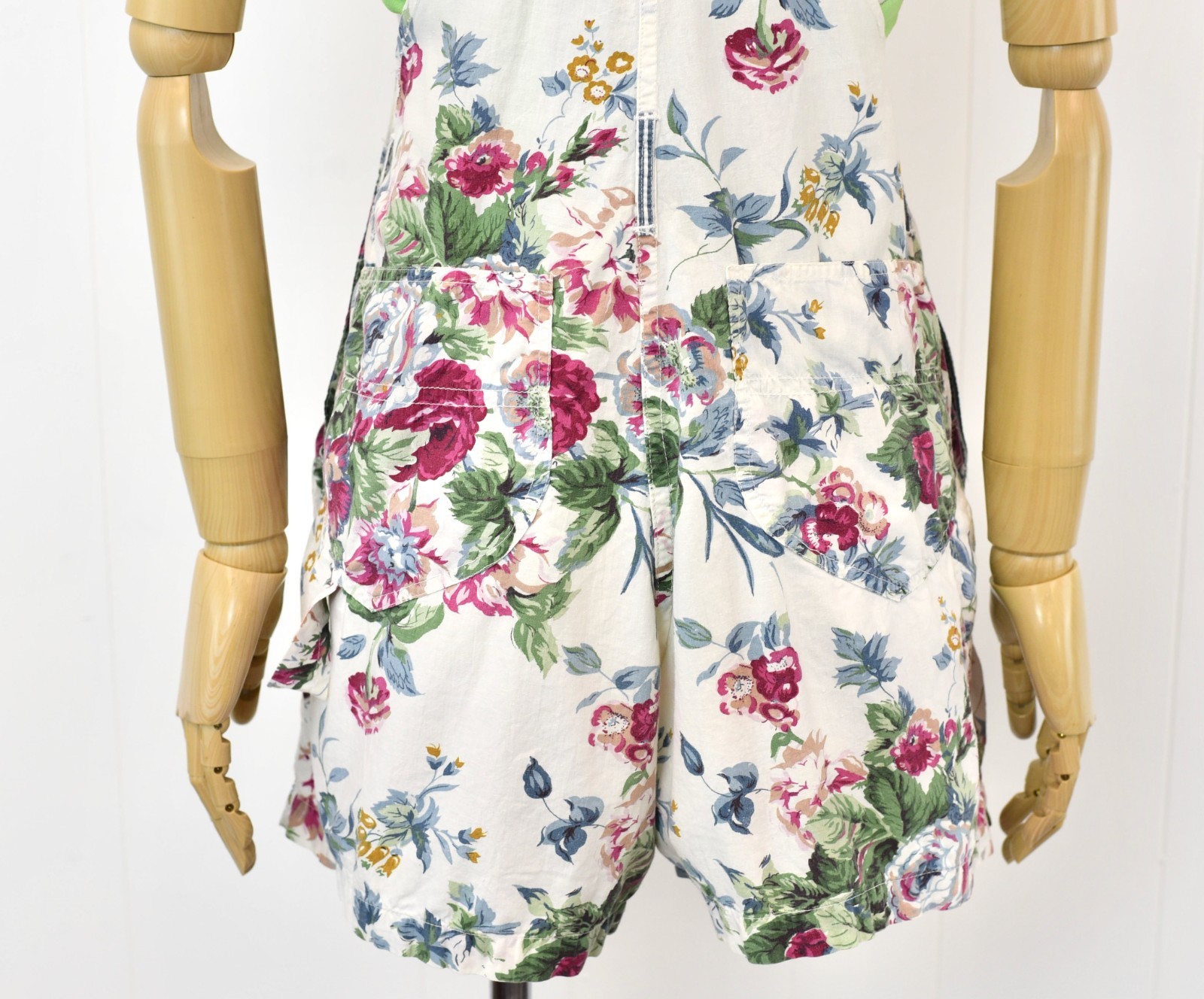 Vintage 1990s Rose Floral Print White Cotton At Last Romper Overalls Shorts