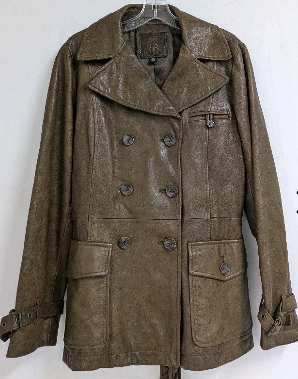 VINTAGE 90’S WOMEN’S BANANA REPUBLIC BR MONOGRAM LEATHER PEACOAT JACKET SZ M
