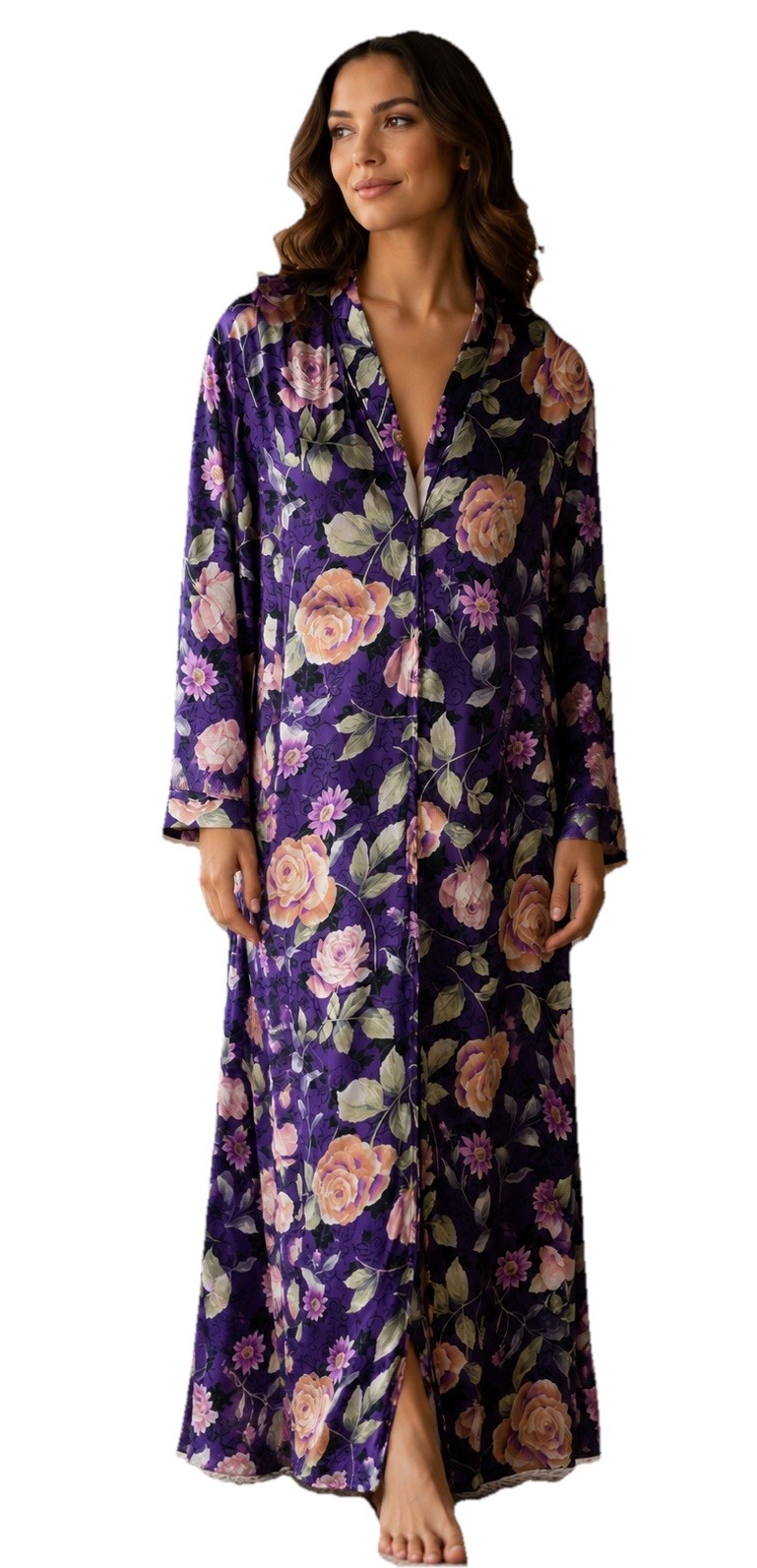 Eve Stillman Vintage Long Purple Satin Floral Rose Zip Front Lounge Robe Sz M