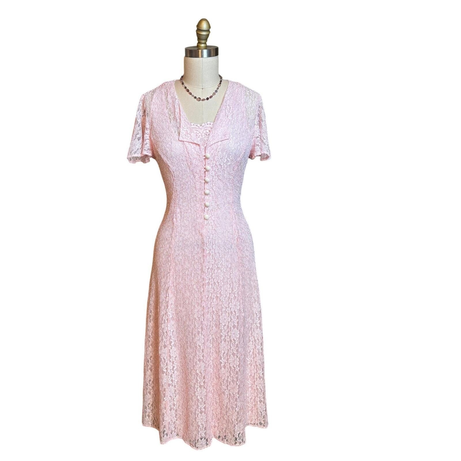 90s Dawn Joy Fashions Lace Midi Romantic Dress Womens 6 Pink Vintage Corset Back