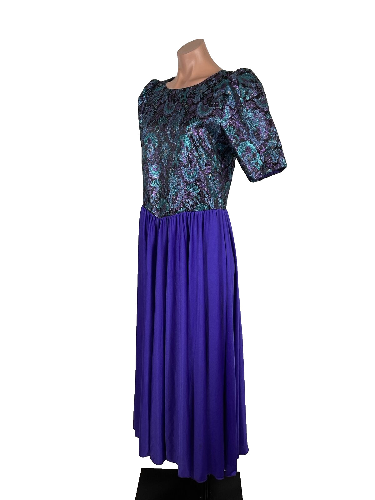 Vintage 80s Prom Dress Gown Puffy Sleeve Shiny Lame Floral Cocktail Evening 10