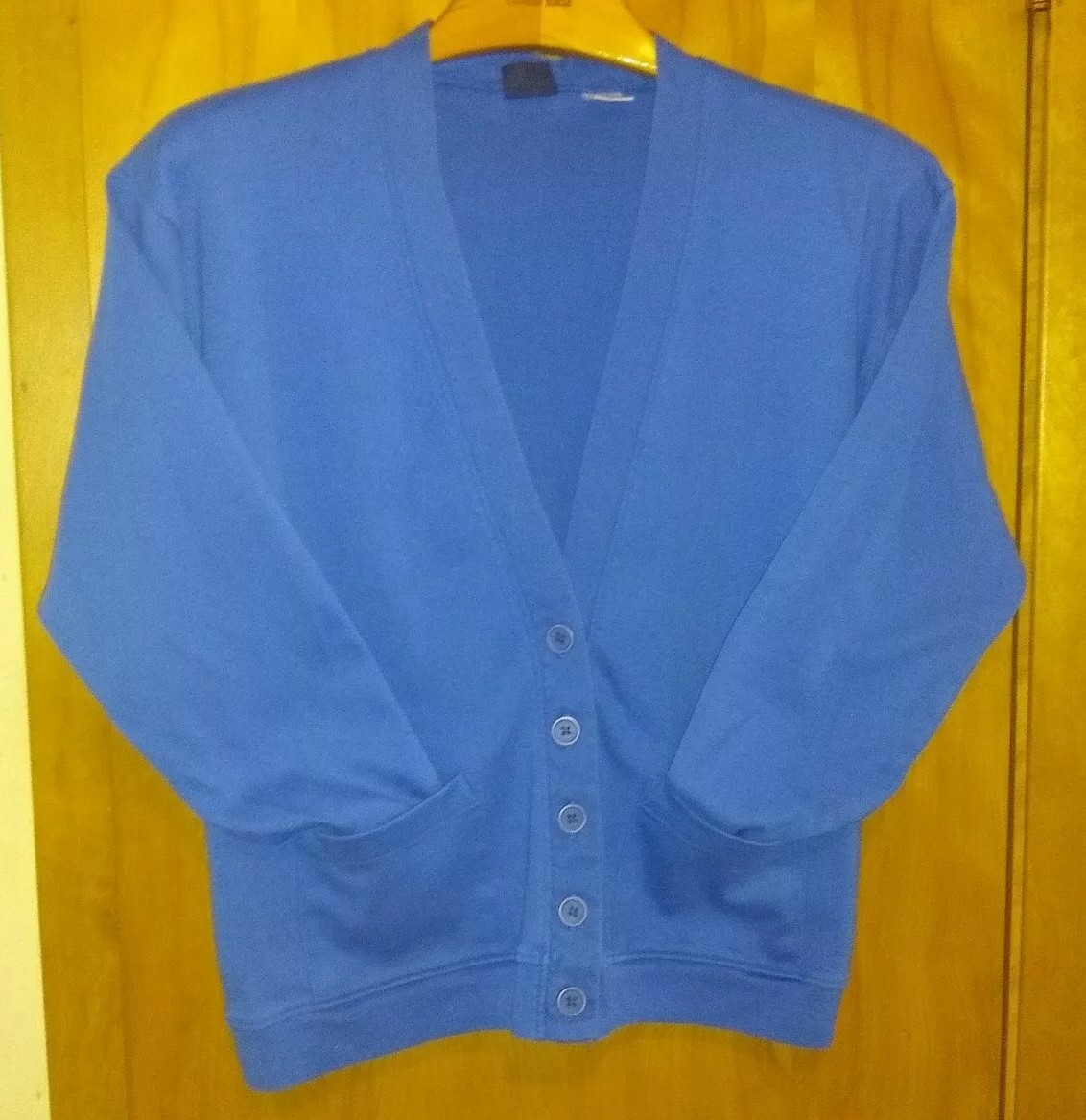 Classic Lands End Blue Sweater Comfort Pockets Cotton USA V-neck Button Size M
