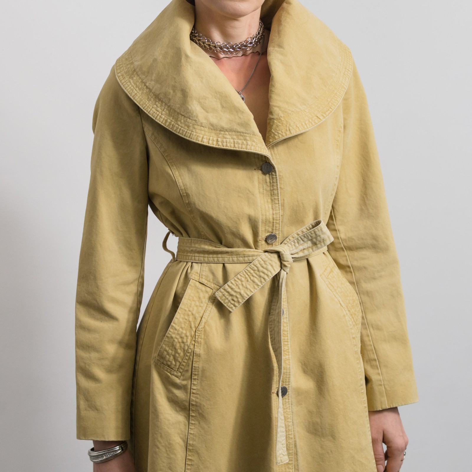 Vintage Denim Trench Coat Sand Wash Belted Tailored Fit L