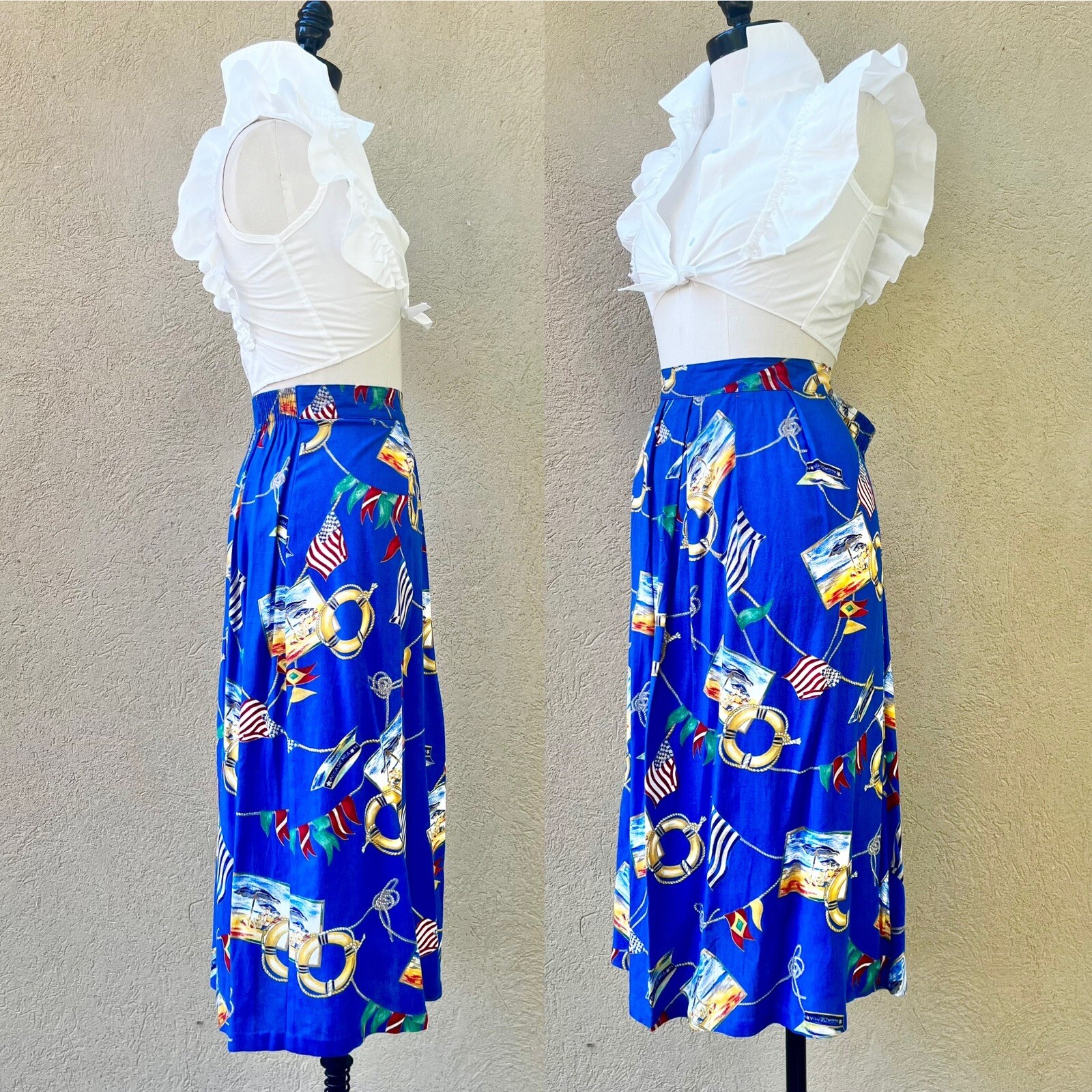 MARITIME NAUTICAL Sailing Yacht 90s 1990’s Vintage Novelty Print Rayon Skirt XL