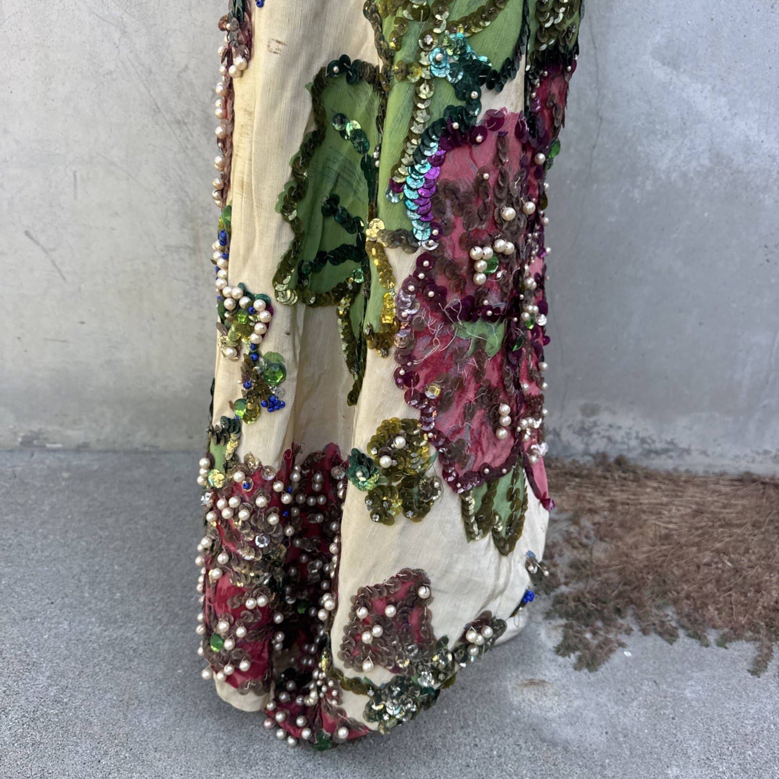 Vintage 1930s Painted Skirt Rhinestones Beading Pearls Flower Showgirl Burlesque