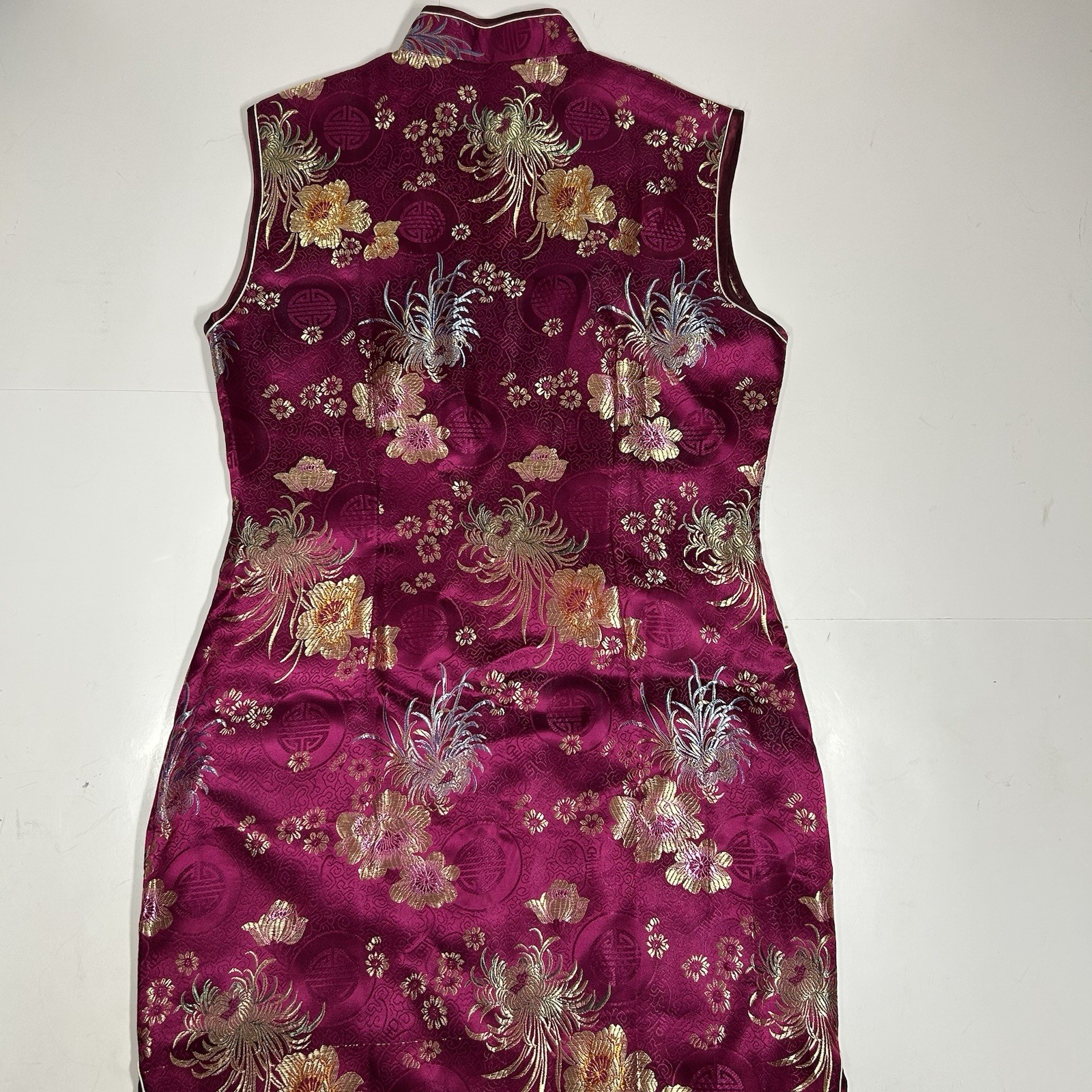 Vtg YHSK Yue He Shi Lu Women Chinese Mandarin Collar Dress Floral Fuchsia Sz L