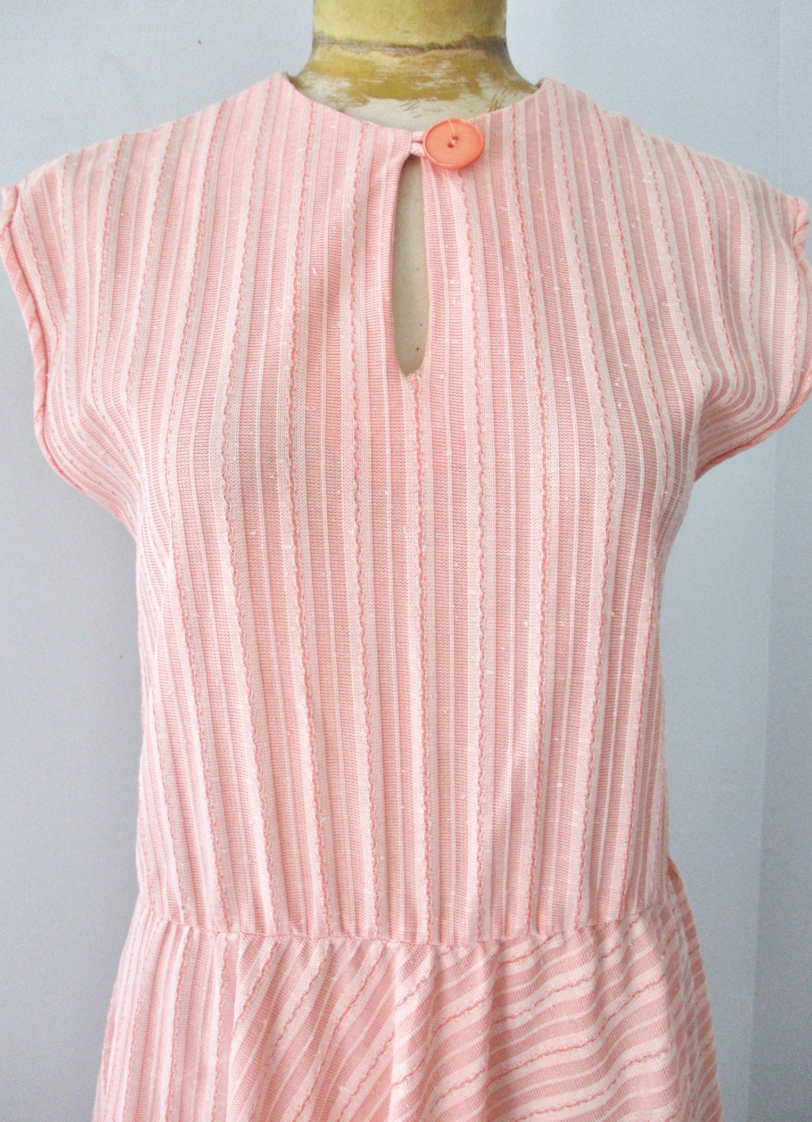 Vtg 70s Coral Pink Stripe Poly Knit Disco Secretary Dress Full Skirt Pocket M/L