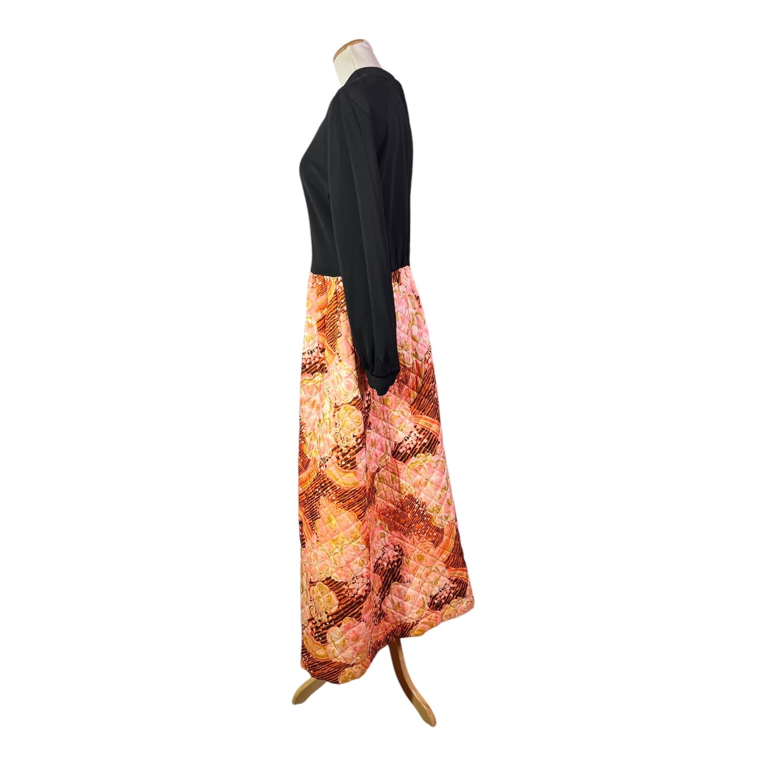 Vintage 1970s Maxi Dress Quilted Skirt Black Pink Orange Hostess