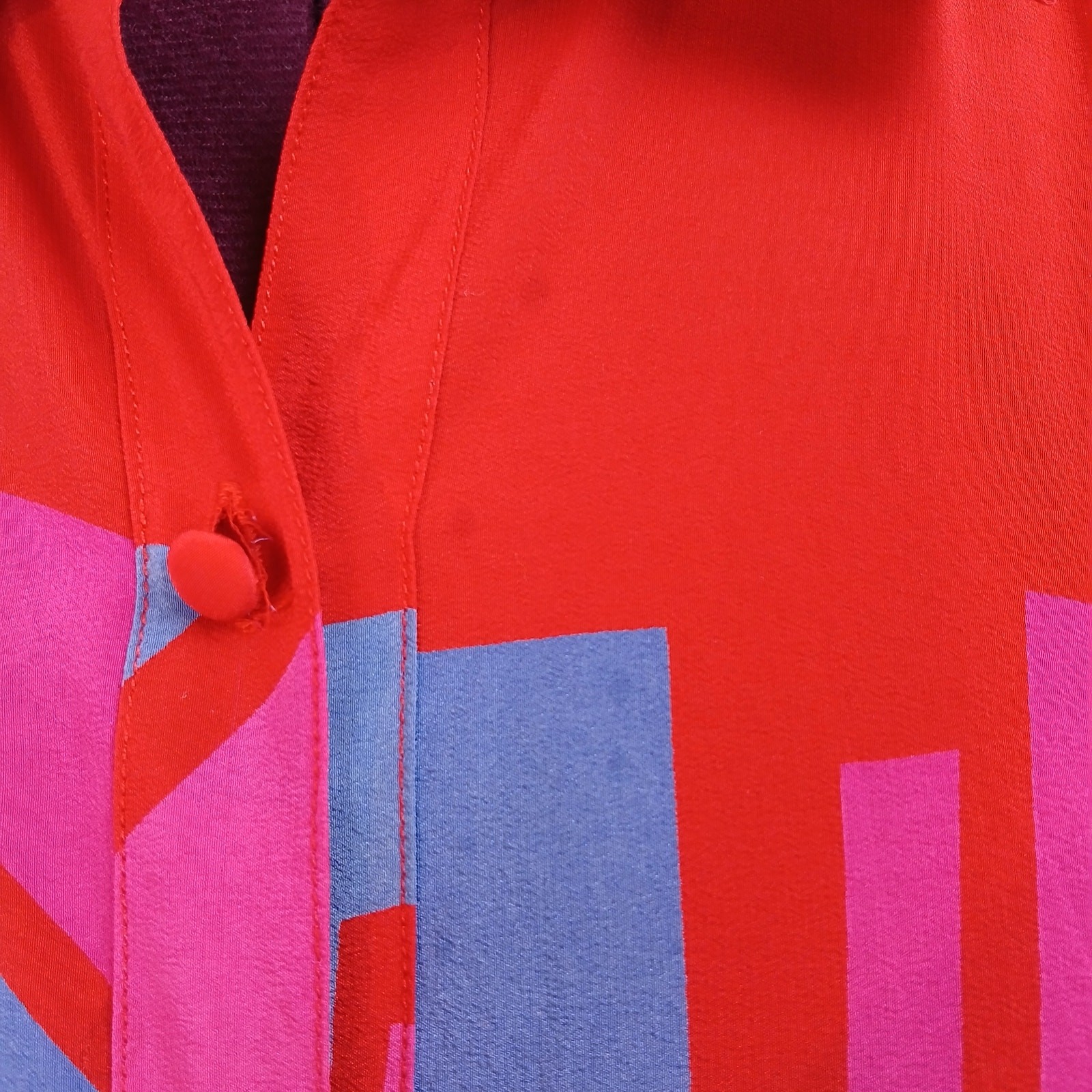 Mary McFadden Vintage 80s Red Silk Blouse 12 stains long sleeve collared buttons