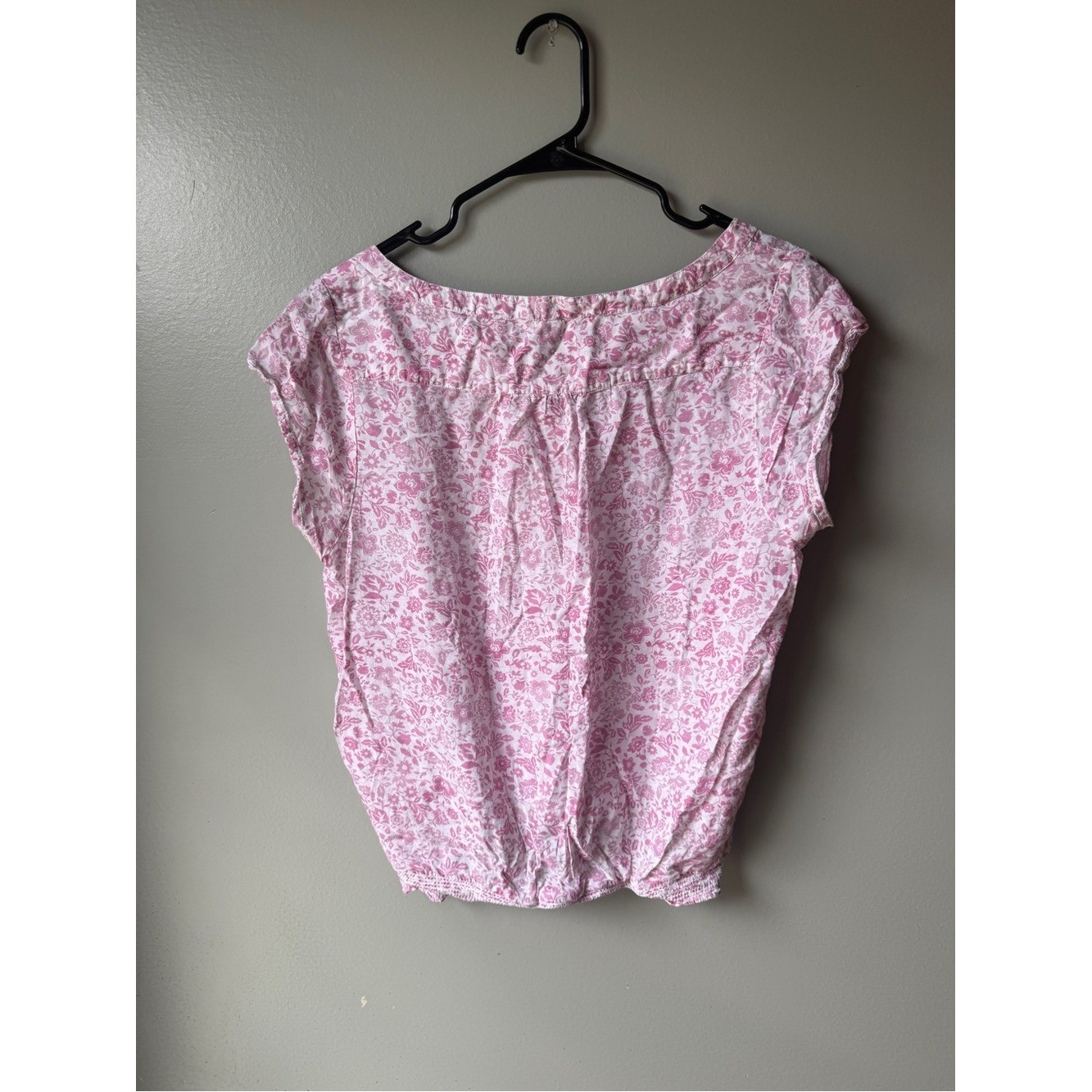 Pink Floral Lace Trim Peasant Blouse Cottagecore Boho Smocked Hem Women’s Large