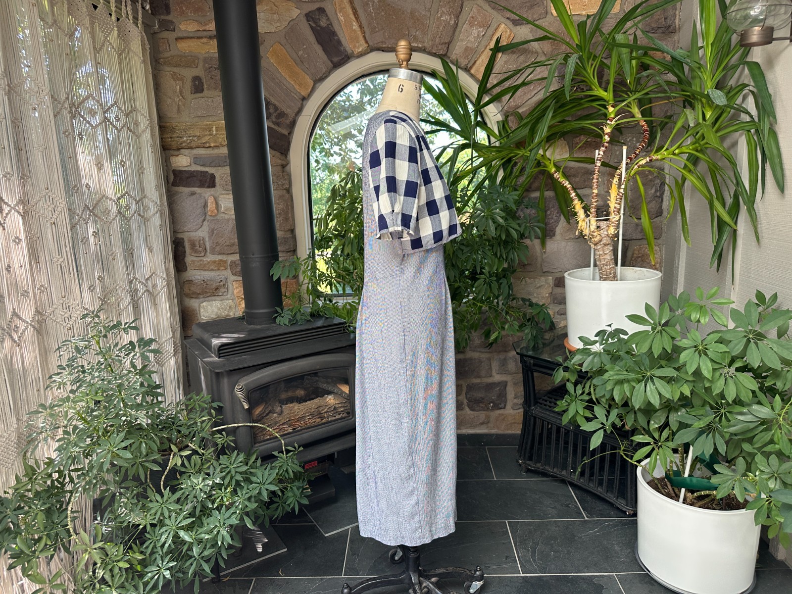 Vintage 1990s Blue and White Check Midi Dress TR Bentley