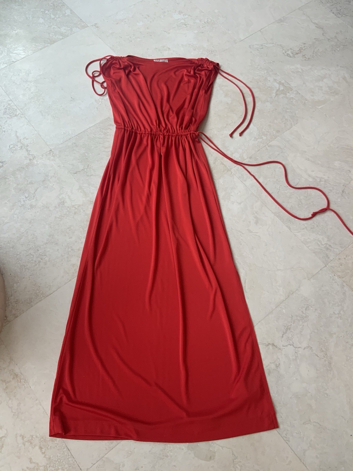Vtg 70s Red Slinky Jersey Maxi Dress Womens Tere Tereba 4 Malibu Media Sz Sm/Med