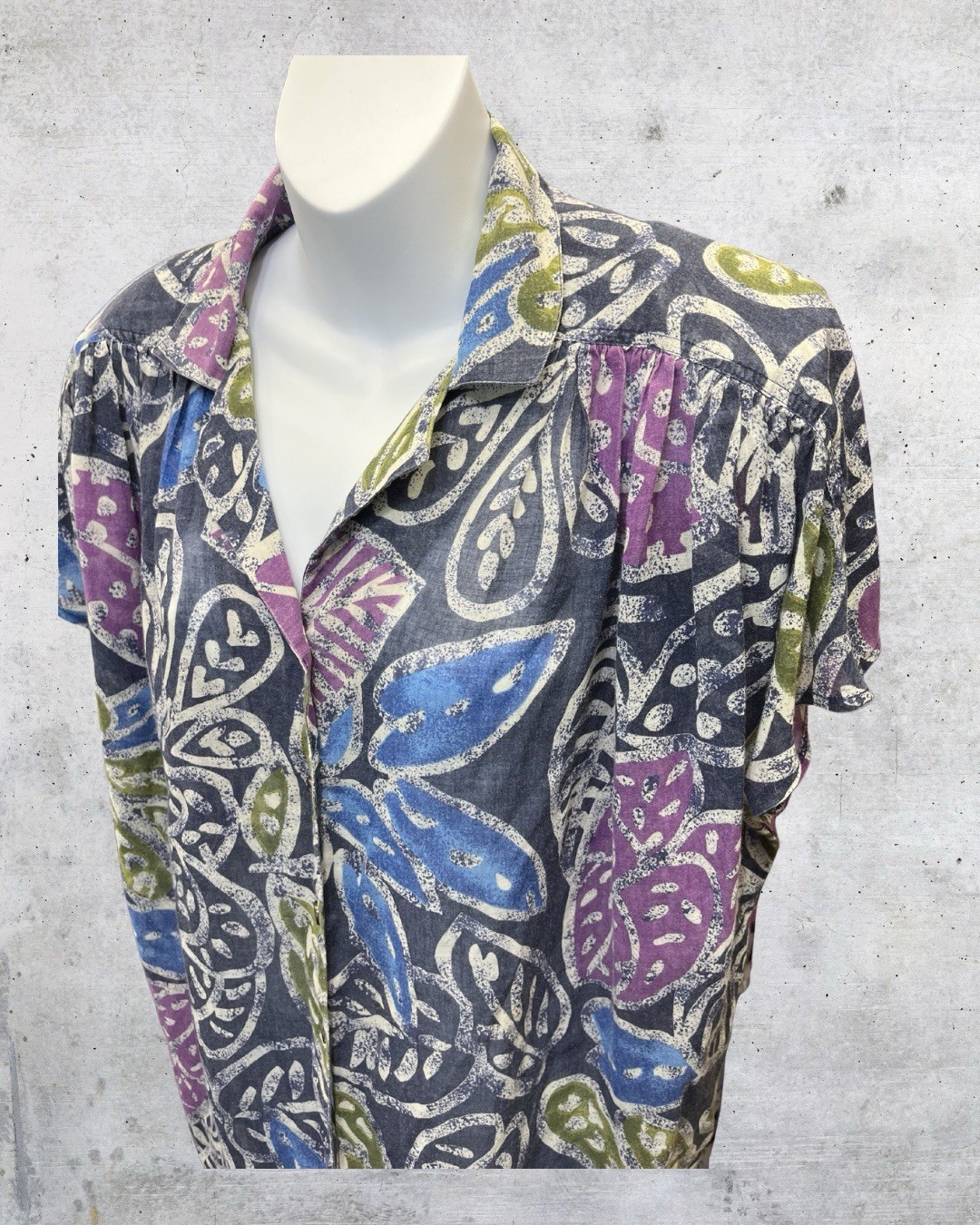 Vintage 90s Abstract Leaf Print Blouse Womens XL Gray Blue Purple Shoulder Pads