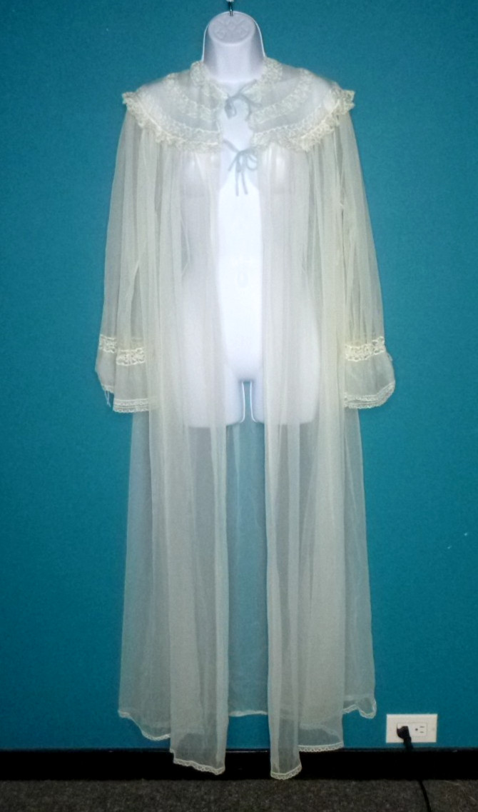 Vtg 1950s American Maid Off White Sheer Nylon Chiffon Robe Lace Trim Sz S