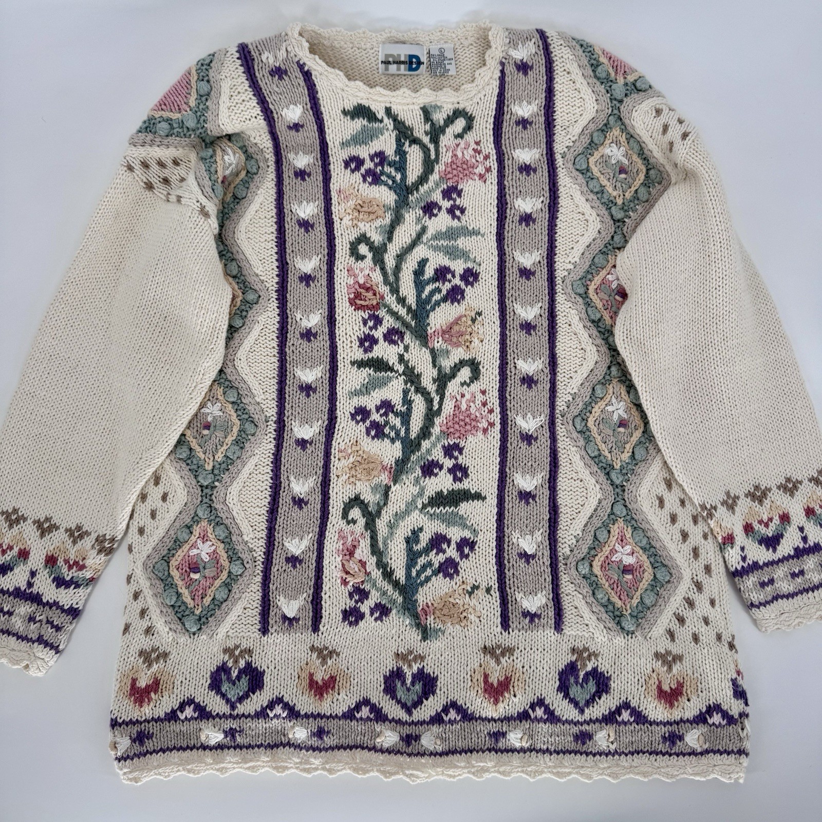 Vintage 90s Cottagecore Floral Tunic Sweater | Embroidered Boho Granny Core L