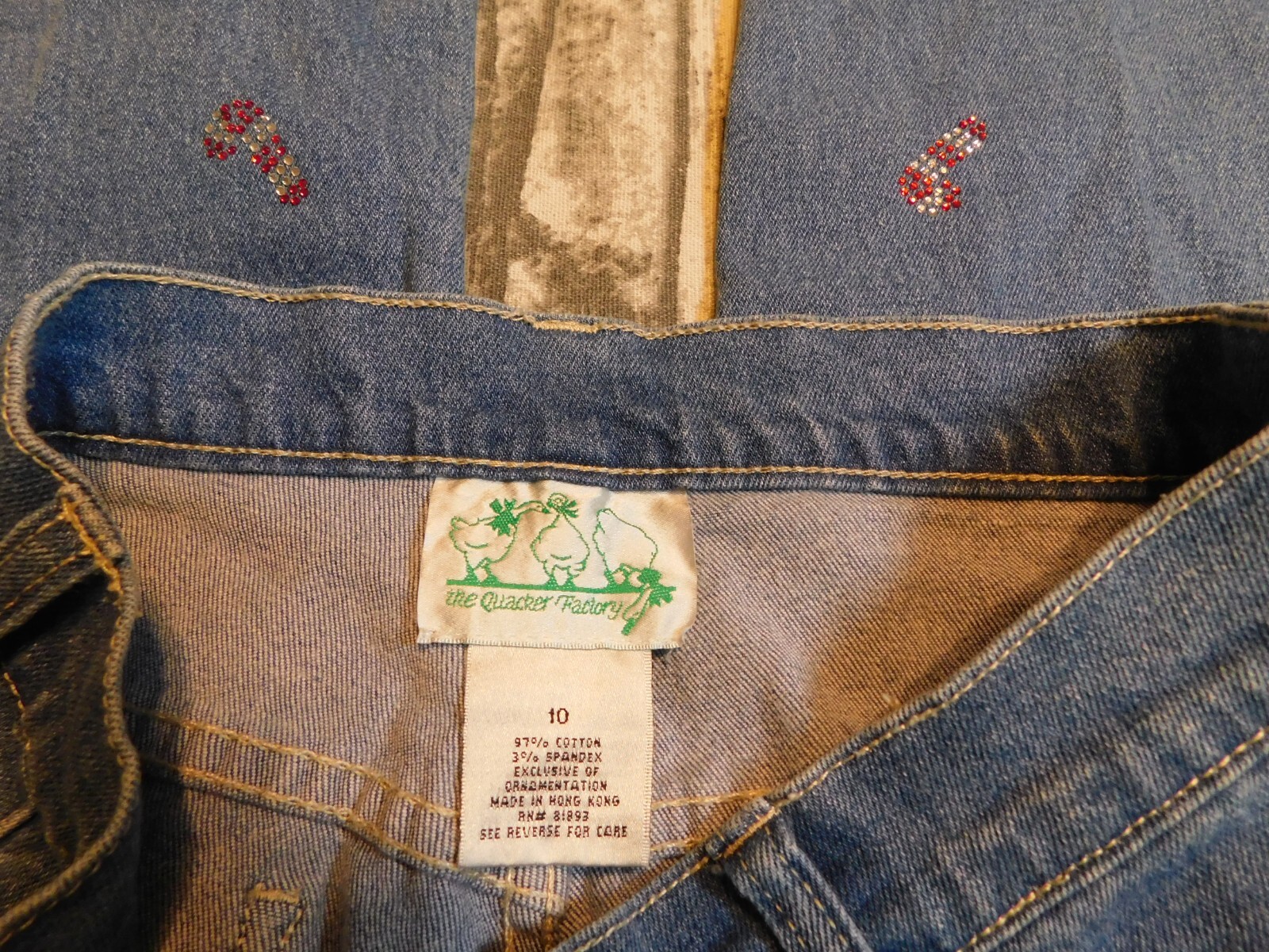 VTG THE QUACKER FACTORY JEANS WOMENS 10 RHINESTONES BLING CANDY CANES CHRISTMAS
