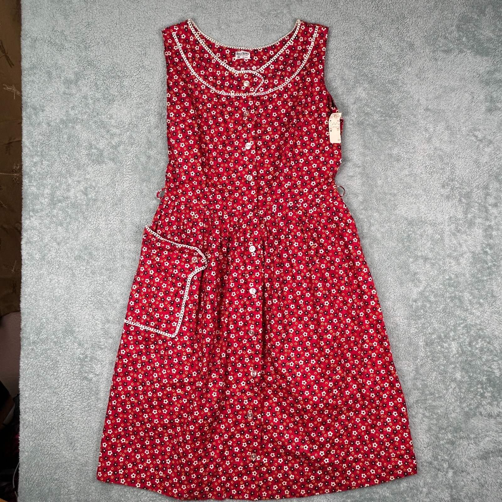 Vintage Bill Sims Deadstock Floral Cotton Dress Sz 20 Red 40’s 50’s 60’s May Co.