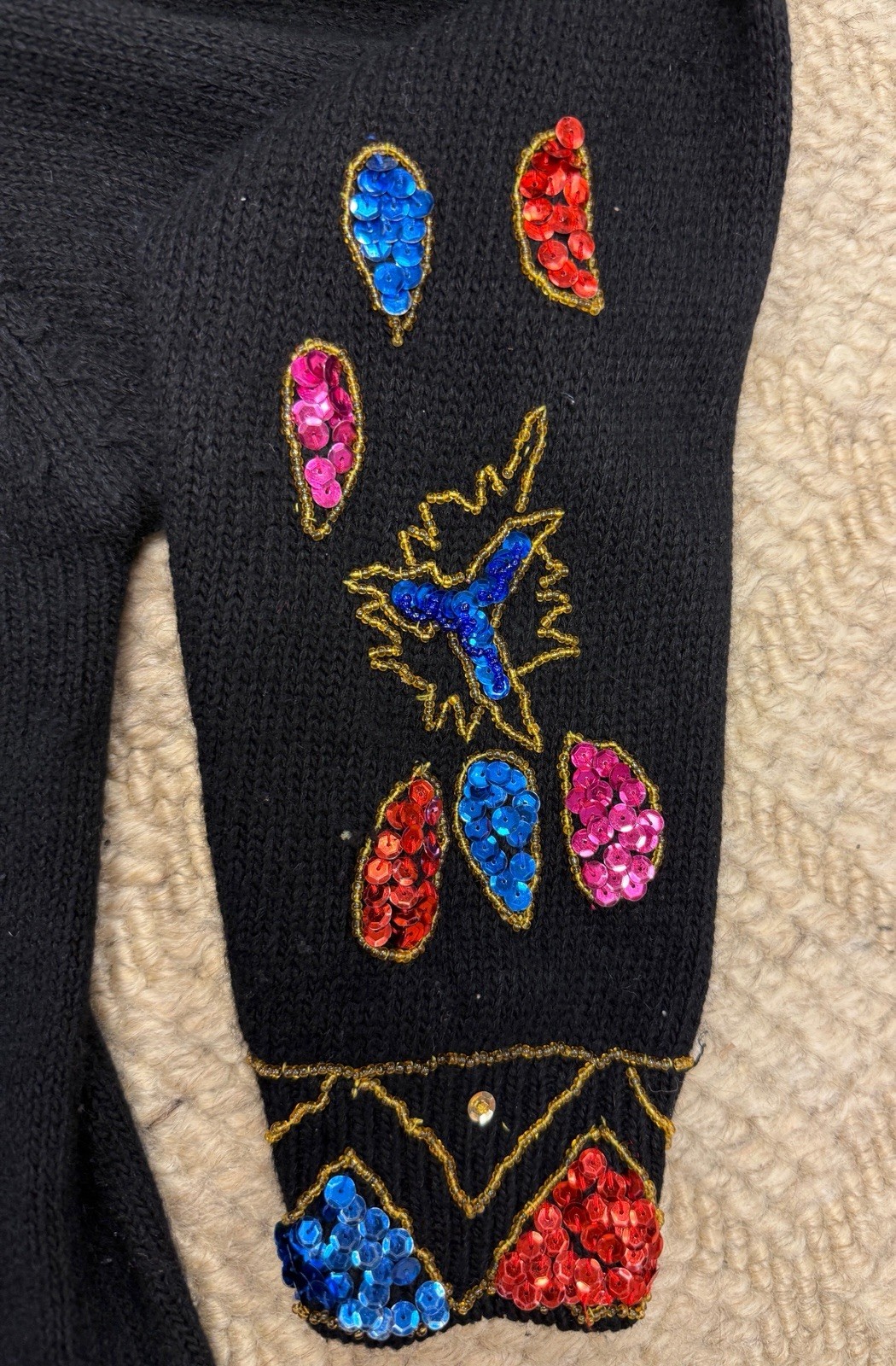 Vintage beaded sequin silk angora lambswool cardigan Mardi Gras LG